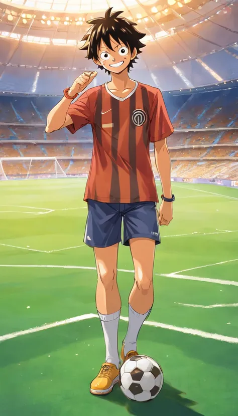 “Luffy from one piece Standing In a soccer stadium smiling, while wearing A Nike Inter Milan Shirt with stripes and he is wearing his straw hat while he is holding it”