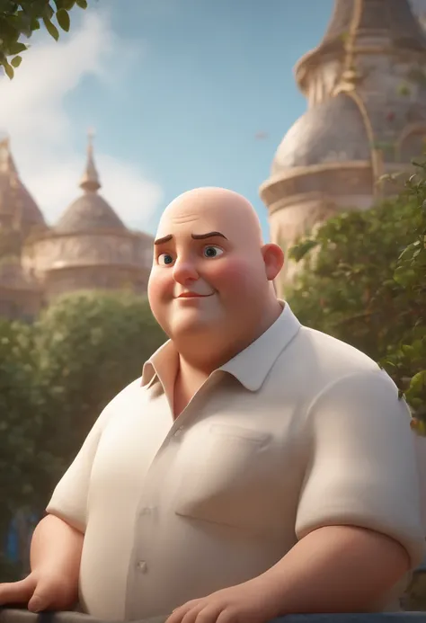 (best quality, highres, realistic:1.37), ultra-detailed, Pixar-style: a chubby, bald, white adult with a button-down shirt in a Brazilian modal fashion, poster, photography, 3D render, Disney-style, Cardboard, .png