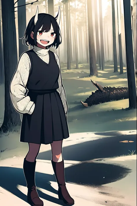 short hair, youngirl,black hair, vest, pullover, dragon horns, sharpteeth, standing, smile, full body , boots, long skirt, winte...