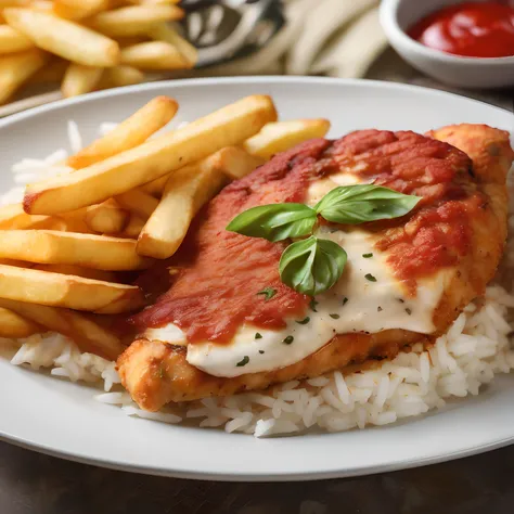 Parmigian chicken fillet served with fries and white rice, Fotografia de Alimentos