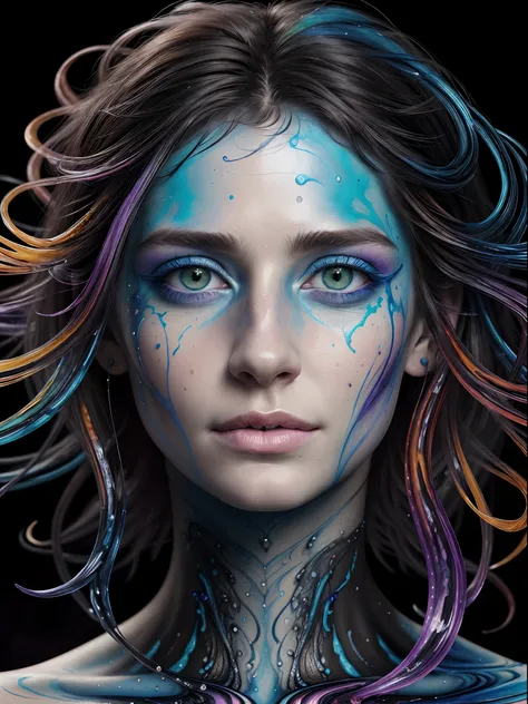 Colorful beautiful woman: a woman 18-years old, messy hair, oil painting, nice perfect face with soft skinice perfect face, blue yellow colors, light purple and violet additions, light red additions, intricate detail, splash screen, 8k resolution, masterpi...