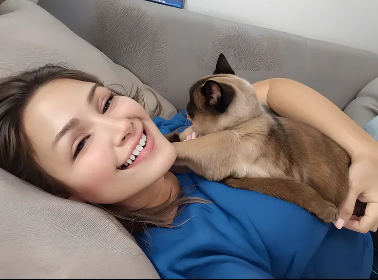 Smiling woman lying on a sofa with a cat on her lap, com gato pequeno no colo, bochechas grandes segurando seu gato, she is holding a cat in her arms, relaxing and smiling at camera, segurando um gato, mulher e gato, com gatos ao seu lado, gato rabugento s...