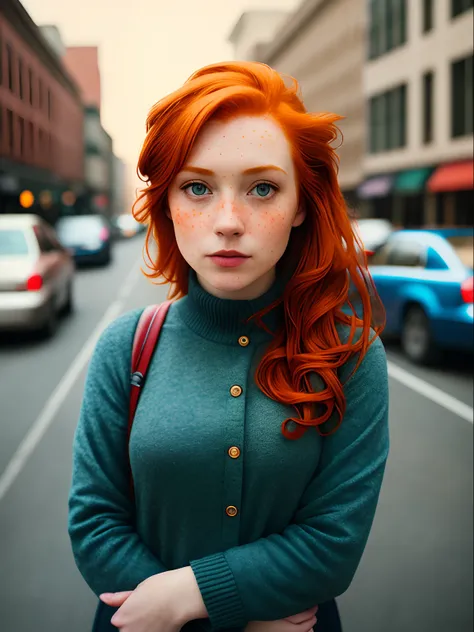 17mm ultra-wide-angle lens, portraite of a (Redhead:1.2), Freckle Teacher, Stay on the streets of a modern city, [ : white  shirt : 18], slate atmosphere, Lightroom, 35mm film, Cinematic, dimmed colors, Dark shot, Muted colors, film grainy, lut, insane det...