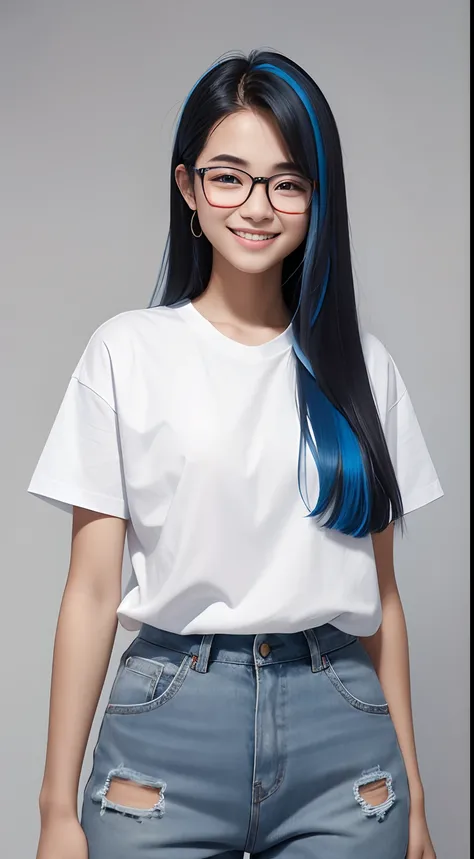 teenager with fair skin, straight hair with blue highlights, hair on the back, white shirt, red glasses, smiling slightly, full body photo, completely gray background. studio photography, facing the camera