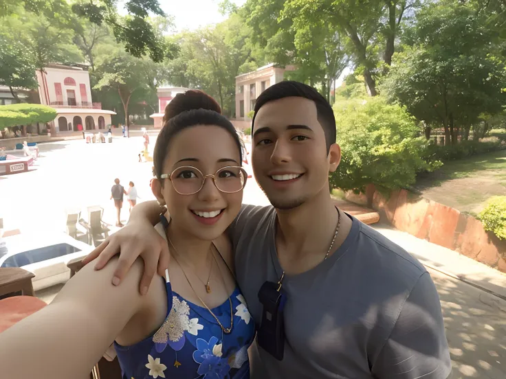 they are posing for a picture in front of a building, Tyler Edlin e Natasha Tan, Casal feliz, imagem de perfil, Parque em segundo plano, Karla Ortiz, com um parque ao fundo, vacation photo, em um dia ensolarado, casal sorridente, Directed by: Nandor Soldie...