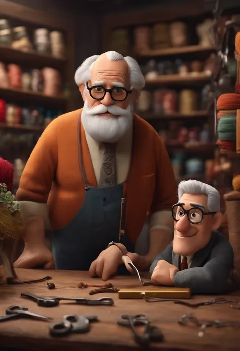 Create a Disney pixar image of a fabric store with a gray-haired old man in glasses with scissors and tape measure and a tall 40-year-old man in glasses