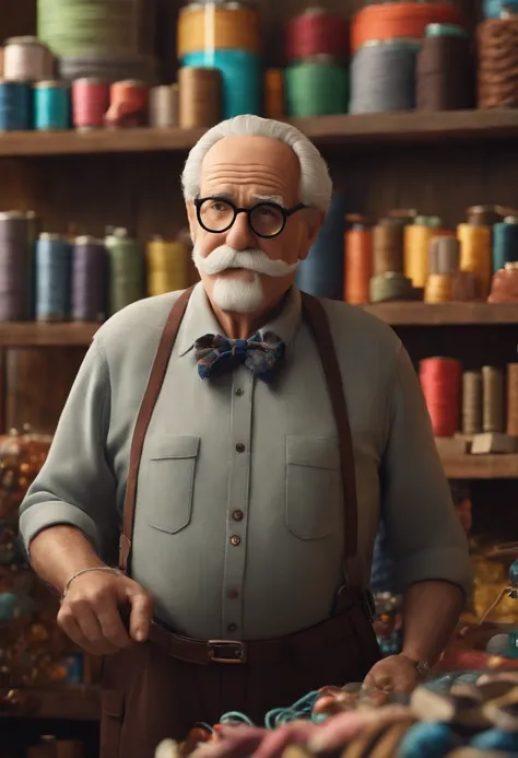 Create a Disney Pixar image of a fabric store with a gray-haired, beardless, mustachioed elderly man with glasses with scissors and a tape measure around his neck, and a tall 40-year-old man in glasses, barba curta