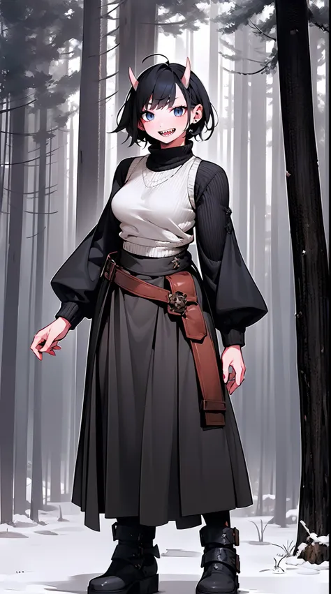 short hair, youngirl,black hair, vest, pullover, dragon horns, sharpteeth, standing, smile, full body , boots, long skirt, winte...