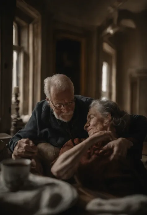 An old man rests on the chair with a wife leaning on one of his arms, suas tunicas pretas escorrem pela cadeira chegando aos chaos, extremamente detalhado e em melhor qualidade