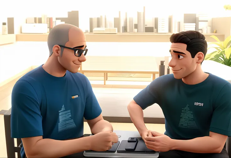 Um homem adulto careca feliz conversando com homem jovem estilo anime tridimensional, alta qualidade, melhor qualidade