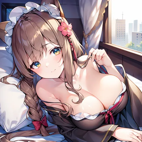 Masterpiece, Best quality, high resolution, 1girll, Solo, Oversized fox tail，(Long brown hair_Sideways French braided hair)，Small flower headdress, (27years old，Big breasts wife)_Mature female figure_F Cup，Modern architecture，The wife slept in bed_whole bo...