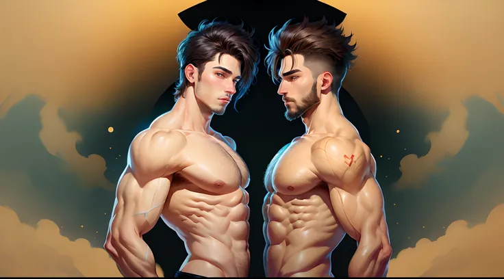 Crie dois homens no formato Disney pixar com o tema JONAS & THIAGO 
O Primeiro homem loiro cabelos castanhos com topete olhos cor de mel barba desenhada pouco volumosa 1,65 meters tall half athletic body.
Second man, unathletic body, brunette, black hair w...