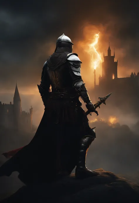 Background:

A gloomy, gothic landscape, with a ruined castle or medieval city in the distance, surrounded by fog and darkness.
Central character:
2. A warrior in heavy armor, holding a large flaming sword with an ornate hilt. His helmet should have an int...