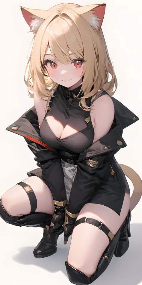 (masterpiece, best quality), from above, 1girl, solo, red eyes, blonde hair, cleavage, white background, squatting, looking at viewer, simple background, cat ears, fingerless gloves, black gloves, smile, cat tail, long sleeves, full body, open jacket, larg...