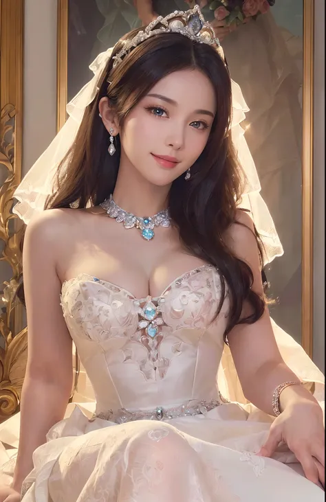 (best quality,8k,highres,masterpiece:1.2),(illustration),(ultra-detailed),(realistic:1.37),(beautiful detailed eyes),(solo),(full body),(1girl),(wearing a beautiful and detailed wedding dress),(sparkling accessories),(looking at the viewer),(extremely deta...