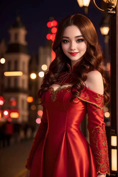 (English woman), (upper body), shows city lights, detailed face, leggy show, red long dress, fur jacket, scarlet hair, shining eyes, masterpiece, (smile), red lipstick, dark makeup, wink, top quality, (realistic, photorealistic: 1.5), (RAW photo: 1.5), hig...