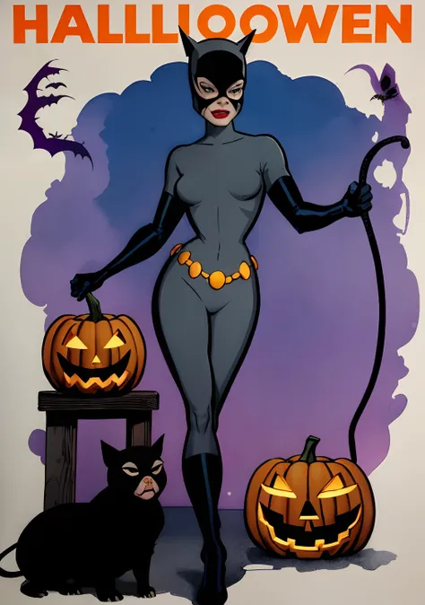 Halloween da Catwoman estilo DC Comics by Jim lee, Batman at Halloween party, With a Catwoman, witches and pumpkins