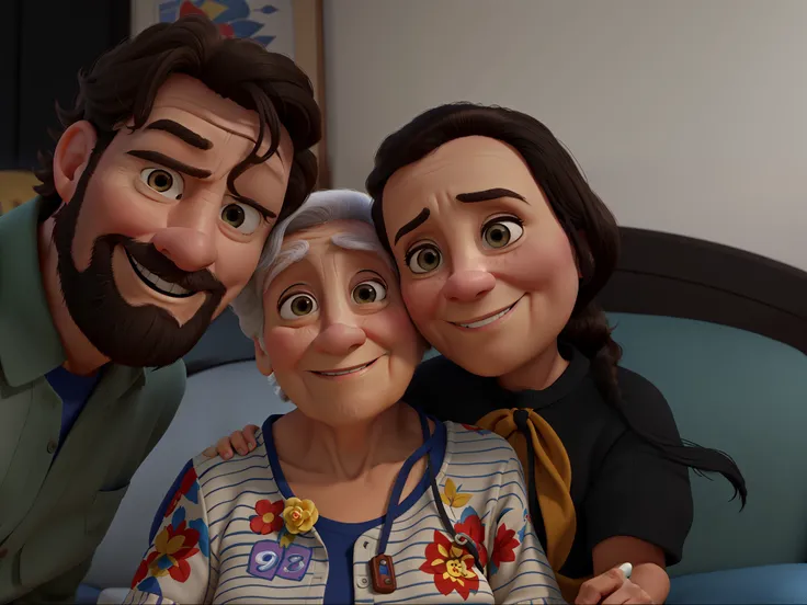 Homem 41 anos,38-year-old woman and 96-year-old grandmother in Pixar style, alta qualidade