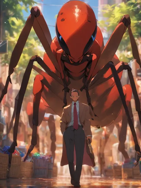 image, 8k, realistic, cinematography,"Describe a scene in which a giant ant with its entire body is standing still, with an angry expression on its face, the giant ant also dressed in a suit with colorful prints, holds a basket full of supplies."