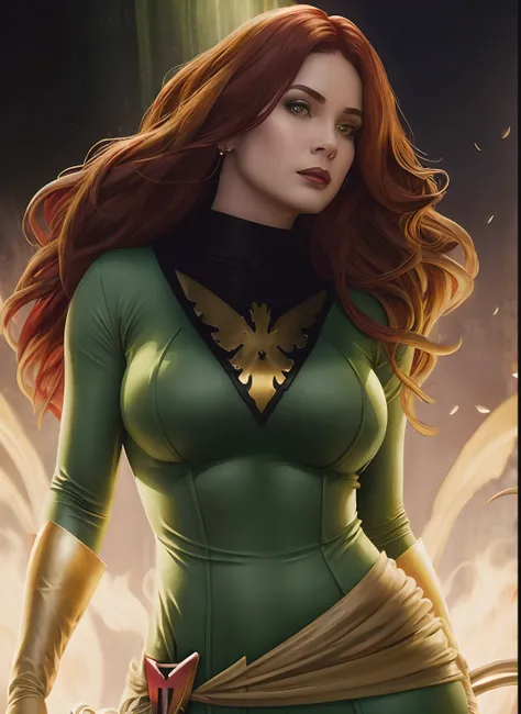 (melhor qualidade,4k,altas), x-men, realistic,mulher verde e dourada detalhada bonita posando para uma foto, jean cinza, retrato...