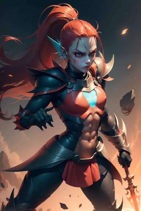 (irritado,pose de combate, spear in hand, corpo inteiro, foco no rosto), realistic, undyne de undertale