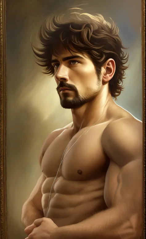 (Masterpiece) Detailed, intricate, hyper realistic painting of a chiseled heavenly handsome man,in the style of Giorgio Dante, Rembrandt and Caravaggio, looking at the viewer, full body, dramatic lighting, tumblr, fantasy art, very masculine, atractive, se...