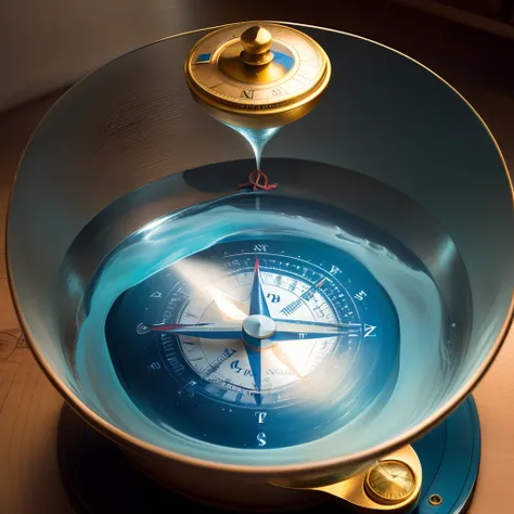 Smooth Water pouring over a nautical compass outline and into an hour glass below the compass.