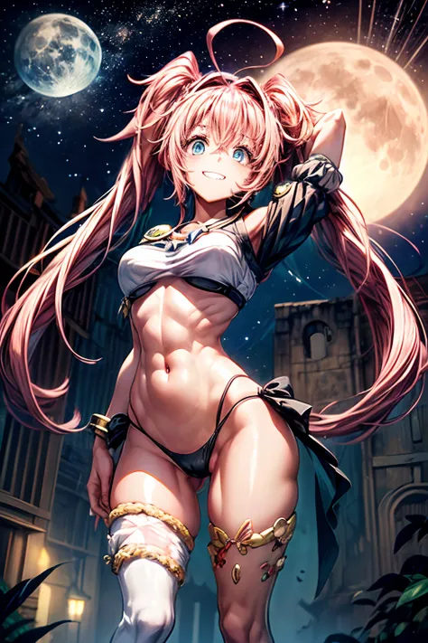 ((female)), (very messy hair), plaits, (sorriso feliz), Presas, ((abdominais rasgados)), Toned arms and legs, medium breasts, suor excessivo, (On the moon with starry sky and showing planet earth), olhos azuis brilhantes, ((cabelo rosa)), barefoot, ((Stand...