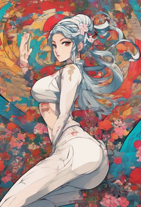 (hip hop scene) a hip hop confidant badass , fullbody traditional japanese porcelain geisha graffiti artist DealWithIt badass selfie pose on graffiti wall,(big breast:1.5), (nsfw:1.3)