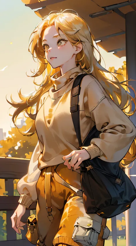 highres, ultra detailed, 1girl, solo, extremely detailed eyes, (Gold colored hair:1.5) ,long hair, (straight waist-length gold colored hair:1.5) ,(Anti-flash white-colored eyes:1.5) , ulzzang , she is wearing a (( Brown colored Sweater  Overszie :1.5)) ,((...