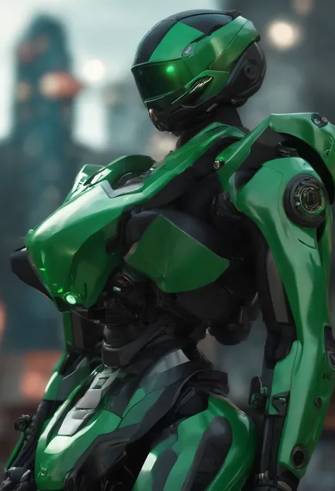 A mais alta qualidade de imagem, Detalhes marcantes, ultra-high resolution, (realismo: 1.4), The best illustration, favor details, 1girl altamente condensado, com um rosto delicado e bonito, vestido em um mecha preto e verde, usando um capacete mecha, segu...