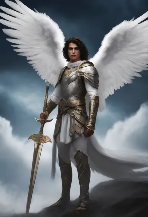 1boy, flowing black short hair, asas de anjo grandes plumas brancas, roupa como a de um deus grego compridas e branca com detalhes dourado, tonificado, olhos pretos claros e brilhantes, Holds a spear resting on the ground , Other angels like him are all ar...