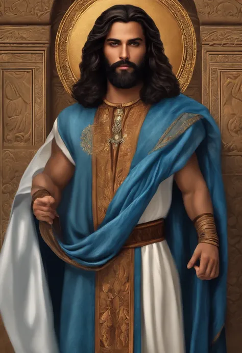 Absalom, filho do Rei Davi, homem formoso e de cabelos longos, usando vestes masculinas tradicionais do Antigo Testamento, imagem ultraealista. meio corpo, olhando totalmente para frente.