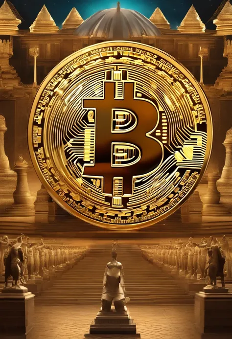 Describe an image that represents the transition from the centralized authority of ancient empires to the decentralization afforded by Bitcoin in the modern era. Highlight elements that symbolize state control in ancient civilizations, as symbols of royalt...