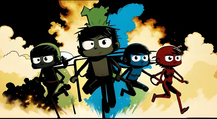 Quatro Stickmans (1 verde, 1 azul, 1 vermelho,  1 preto) Fleeing from an explosion.