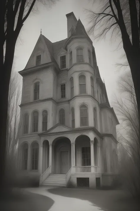 Ghosts laugh softly as they play hide and seek in a haunted mansion. --auto