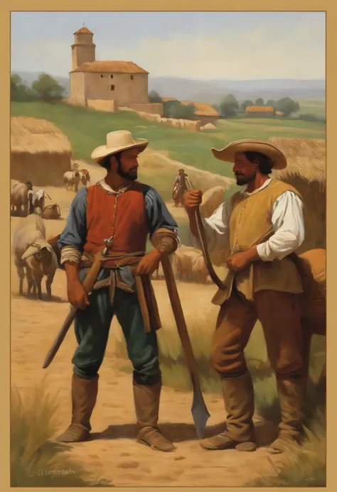 Draw a picture that depicts a vivid contrast between two historical groups: the farmers who work the land with their farming tools and the conquistadors equipped with armor and weapons. Illustrate the peaceful simplicity of rural life, com campos verdejant...