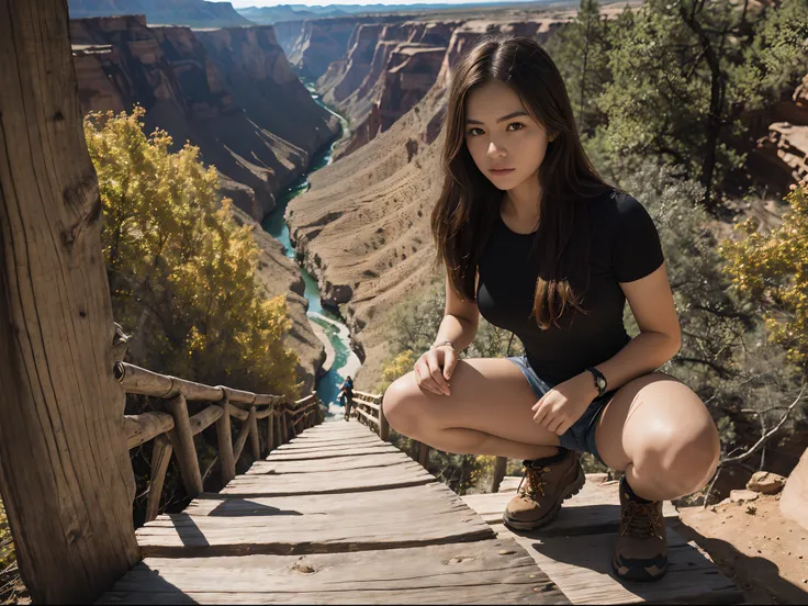 full shot, 1 girl, age19, Solo, Long hair, Looking at viewer, (blonde hair), (((crouching slightly on a narrow wood plank bridge high above a canyon))), wood plank bridge crossing canyon,  Brown eyes,  Full body portrait, Realistic, wearing hiking gear, hi...