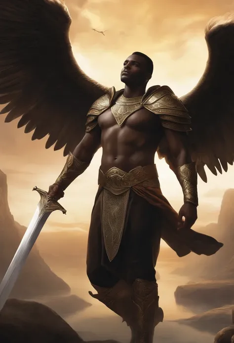 Theres a man all black-skinned and pale, with metallic wings and short black hair,com barba curta, Who stands majestically in a white castle with a sword;, ((altamente detalhado)), Artgerm Julie Bell Beeple, Mago oFeiticeiro Reunindo, warrior Mystic Atlant...