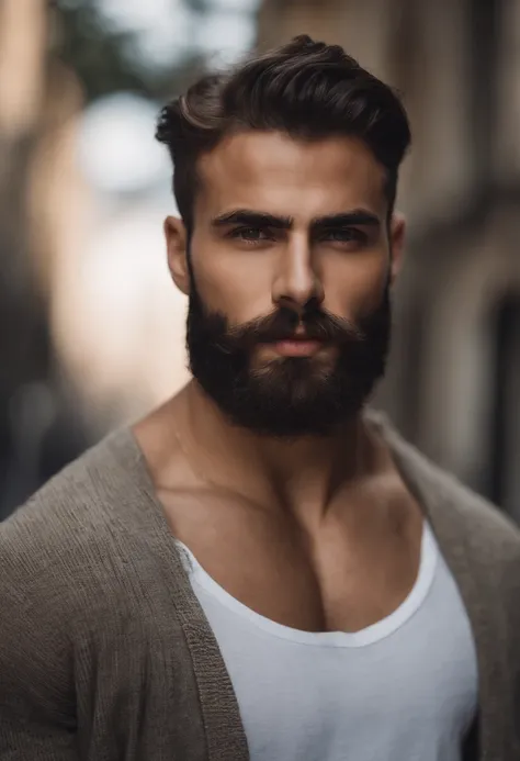 Homem de 20 anos com barba, peito peludo, ombros peludos, pelos esparsos no peito, cabelo, strong masculine features, homem muito atraente com barba, Homem barbudo bonito, Torso masculino parcialmente peludo, Barbu, colmo, masculine features, barba encarac...