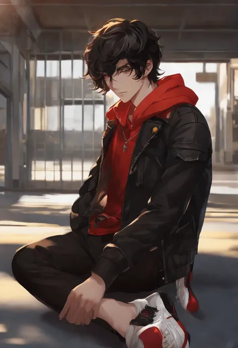 adolescente homem ruivo com o cabelo amarrado e olhos amarelos. Wearing a leather jakea and red oupa plus a pair of black pants and all star sneakers (versao anime)