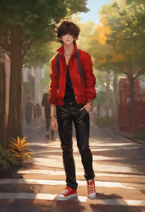 adolescente homem ruivo com o cabelo amarrado e olhos amarelos. Wearing a leather jakea and red oupa plus a pair of black pants and all star sneakers (versao anime)