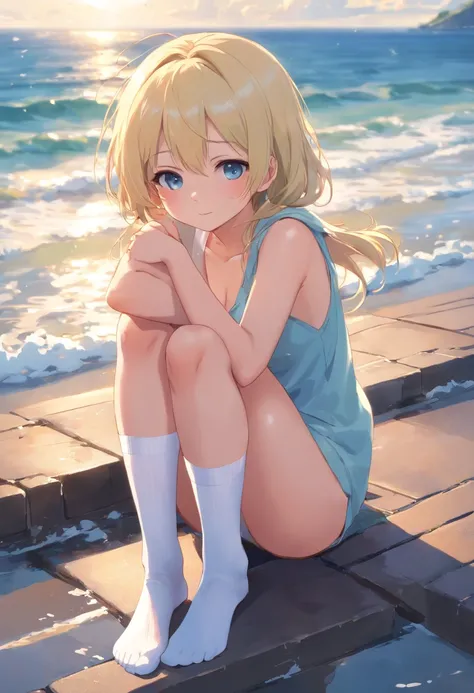 a cute loli，Long whit hair，Leaky shoulders，Barefoot，Look up at your head，Lie on the ground，raise her legs，See-through dresses，White underwear panties，largeeyes，Cute faces in anime，Lori，long white socks，Wet，Colossal tits，concatenation，Eyes are confused，Very...