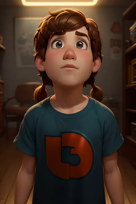 Criar uma imagem Pixar 3d de garoto de 11 anos com cabelo loiro com topete