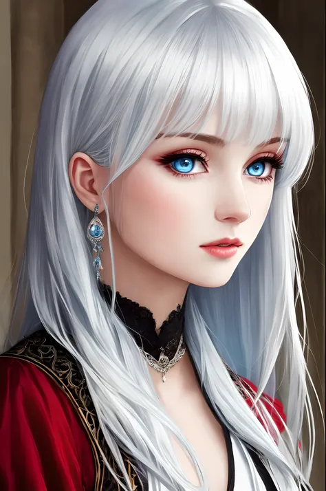 Beautiful medieval woman long pure white hair, pale ice light blue eyes, extremely pale skin,