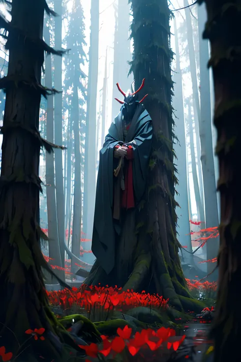 Slavic folklore evil creature with long arms, floating above the ground. In a dark pine forest, winter, red flowers