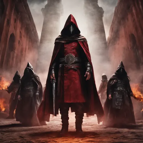 several men dressed in red and black hoods and tonics, in the Ku Klux Klan style, in the background a pyramid with an eye in the middle, a sinister being above the pyramid, cinematic image, with half light, 4k, shadow, smoke and fire, sharp and well-define...