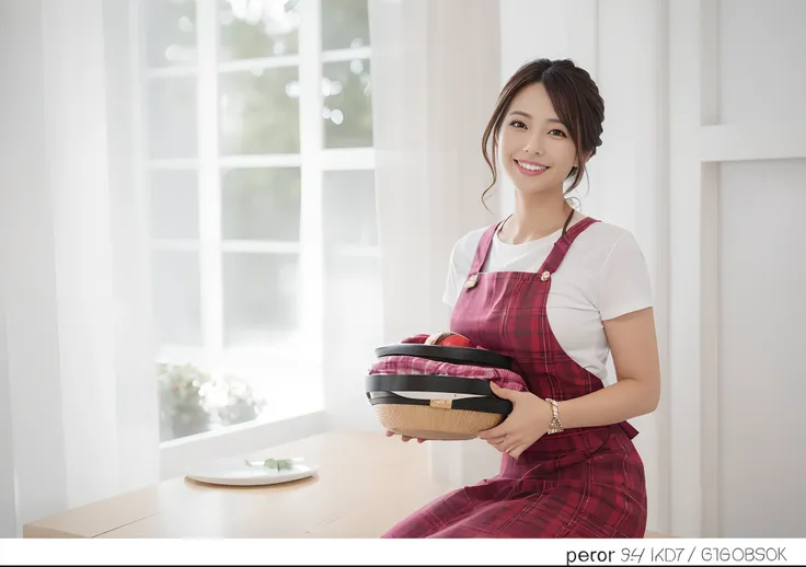 ((Beautuful Women, The biggest smile staring at the camera,Natural soft lighting,Beautiful skin,Beautiful face,)),((Japan Beauty 1,35-year-old beauty,The face of Japans cutest idol)),(Camera gaze,Biggest smile、length hair,waved hair,Red plaid apron,Colossa...