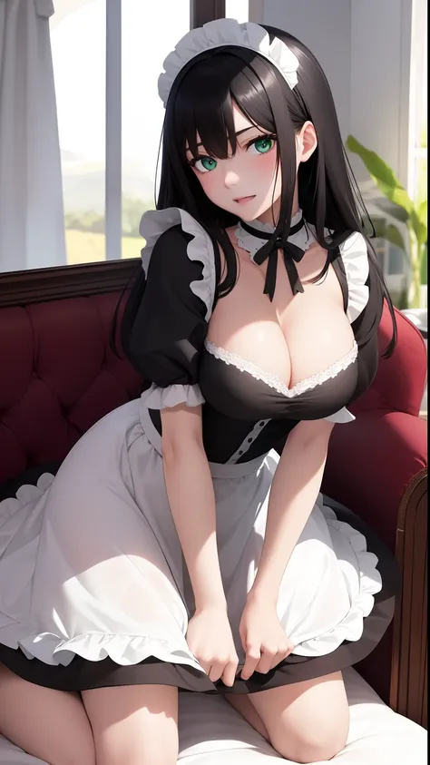 (top-quality)、(detaileds)、(1 girl in)、Colossal tits、livingroom、looking at viewert、Beautiful green eyes、A dark-haired、detaileds、maid clothes、black and white maid uniform、Highly exposed、Bend over in a deep valley、embarrassed from