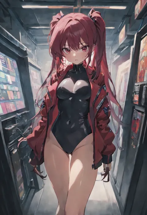 Lewd, cyberpunk, messy futuristic room, long black hair, blushing, naked under jacked, black jacket red accents, surprised look, messy ponytail, messy, annoyed look, [surprised], naked exept for jacket, underwear under jacket, surprised, shocked, full body...